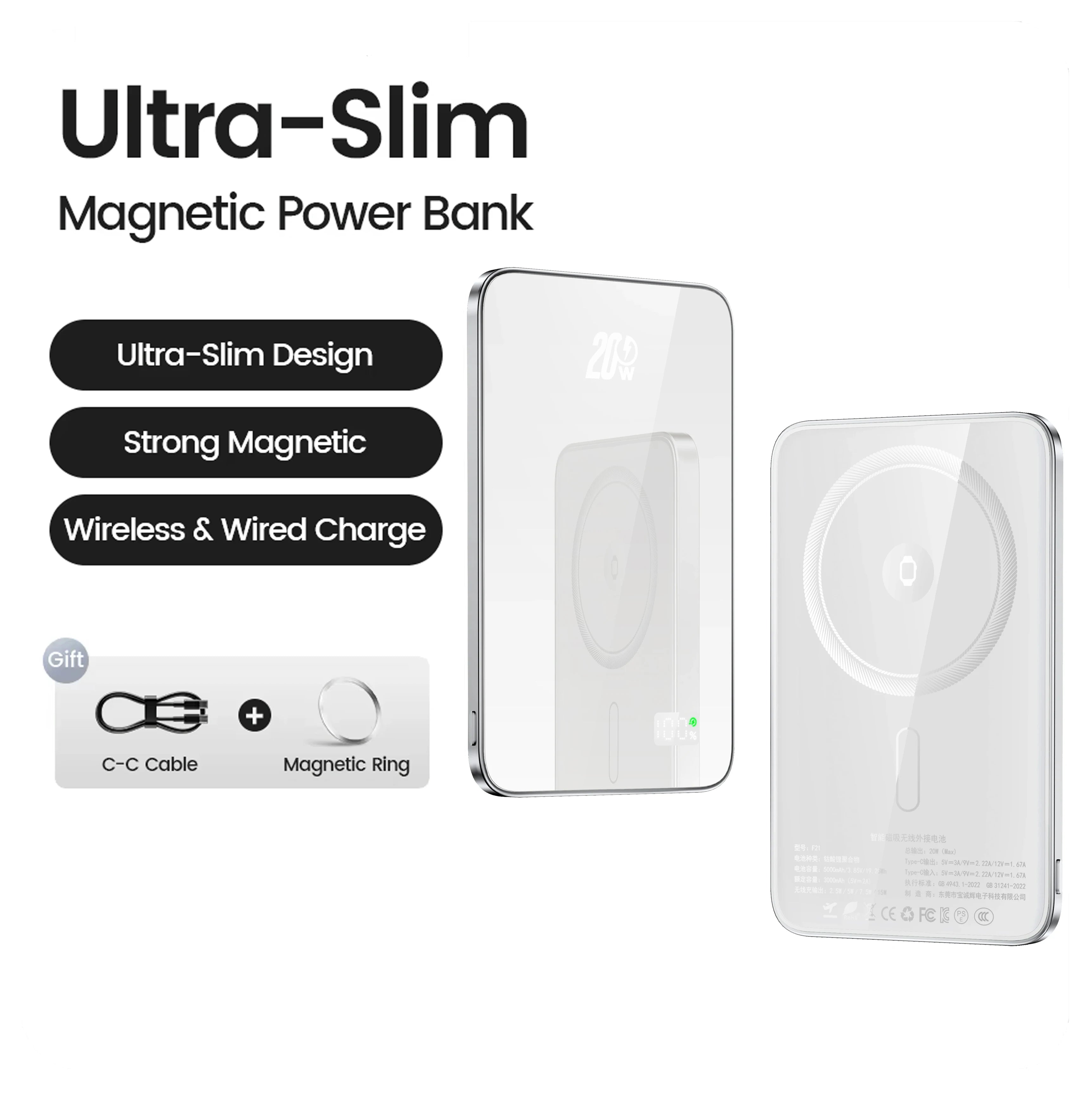 10000mAh Magnetic Power Bank 20W Wireless Powerbank Slim Portable Battery Charger for MagSafe iPhone 16 15 14 13 iWatch Samsung