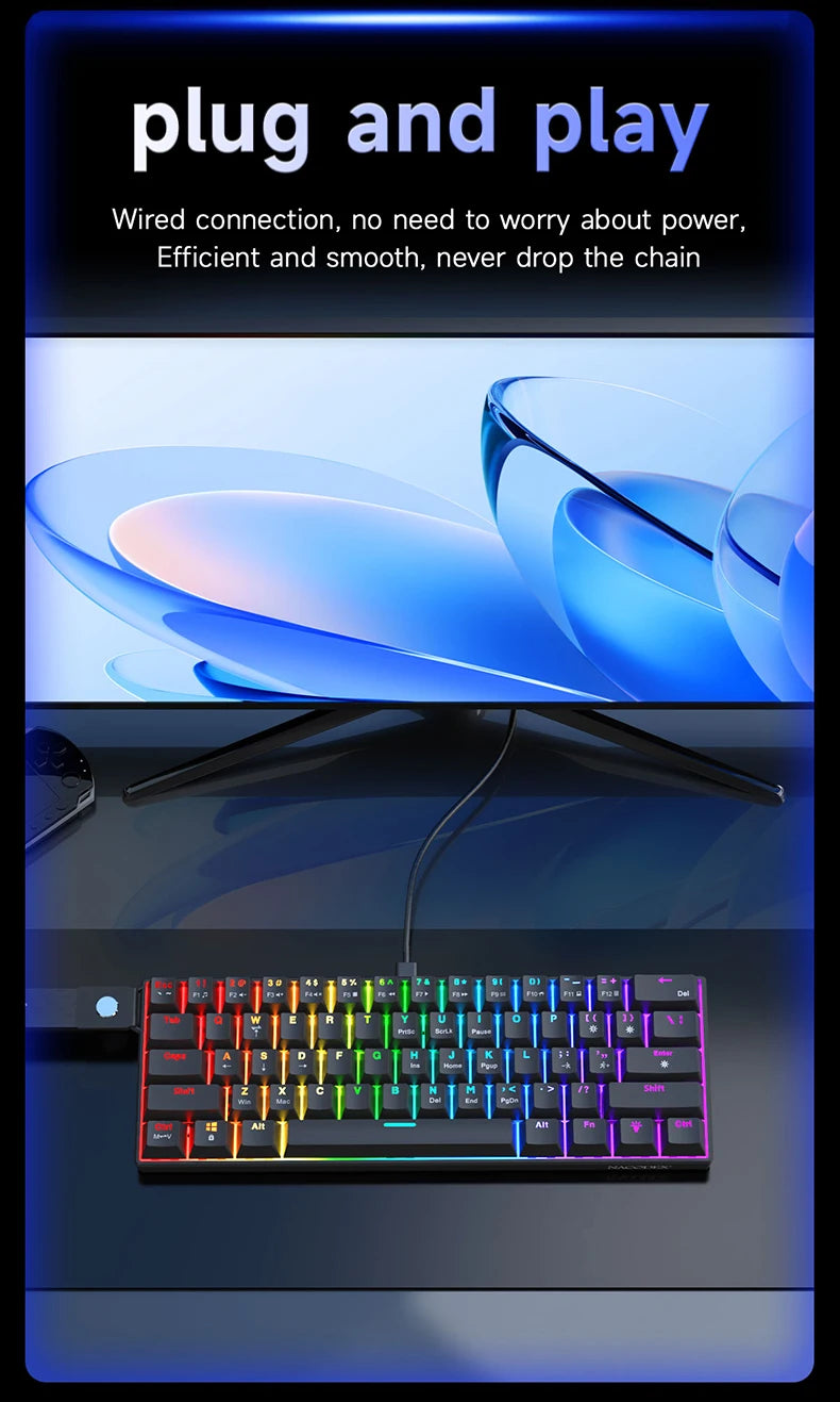 AJAZZ NK61 Wired Mechanical Keyboard, Mixed Backlight, Compact Mini Layout, Detachable USB-C Cable, Keycap Puller Included