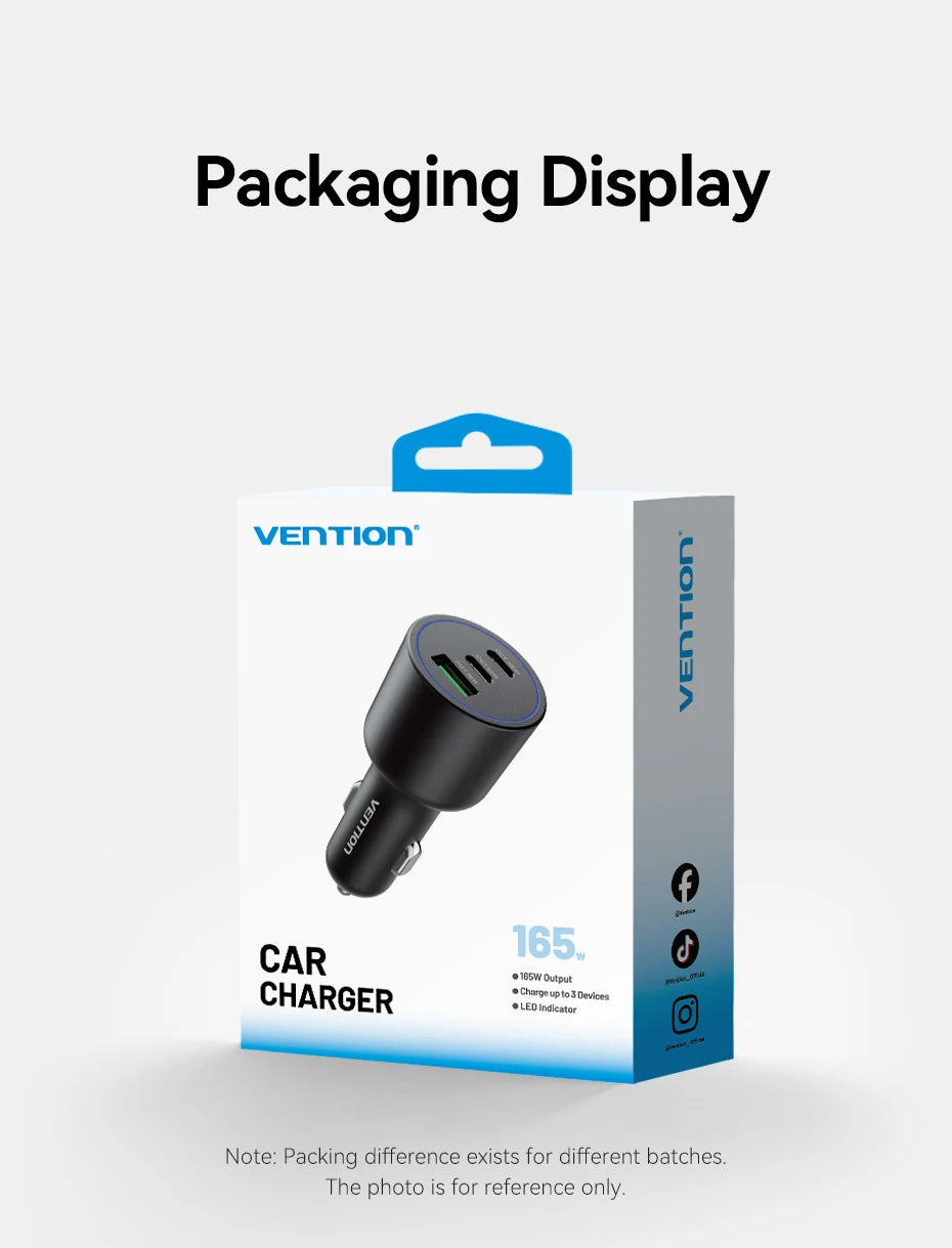 Vention 165W USB C Car Charger 3-Ports PD QC 4.0 45W For Samsung S25 iPhone 17 16 Macbook 100W Fast Charging Adapter With LED