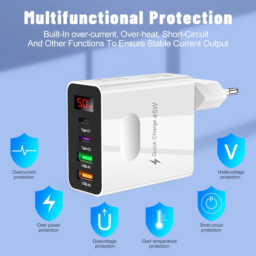 45W Multi Plug Wall Charger 2 Type-C 4 Ports Fast Charging Head Digital Display Quick Charger Head for iPhone 14 Xiaomi Samsung