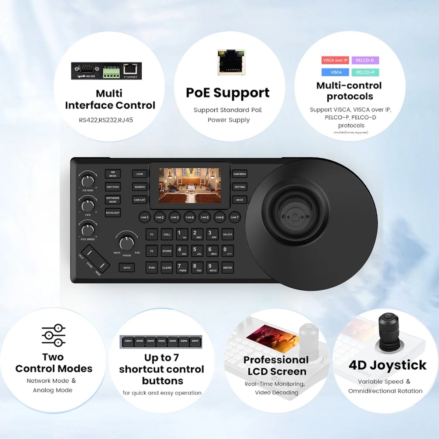 4D Joystick Keyboard NDI POE PTZ Controller 3'' LCD Screen Real-time Preview PTZ Camera Joystick Controller Control 255 Presets