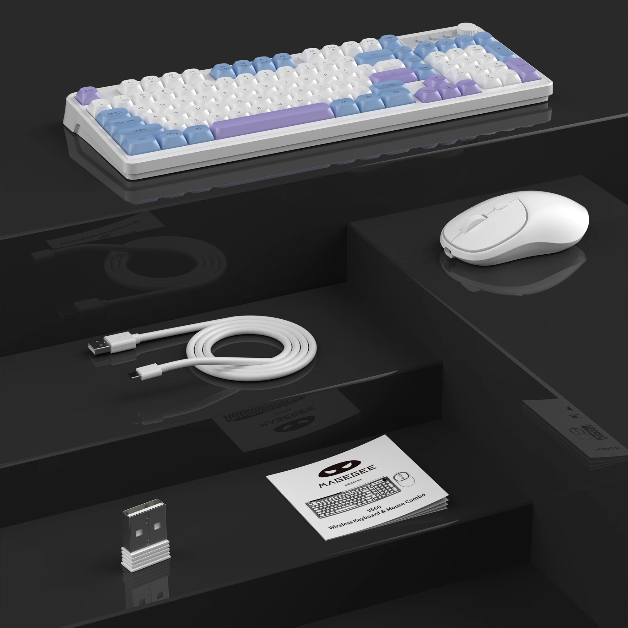 MageGee Wireless Gaming Keyboard and Mouse Combo V560, RGB Backlit Rechargeable Mechanical Feel 2.4GHz Quiet Blue White Purple K