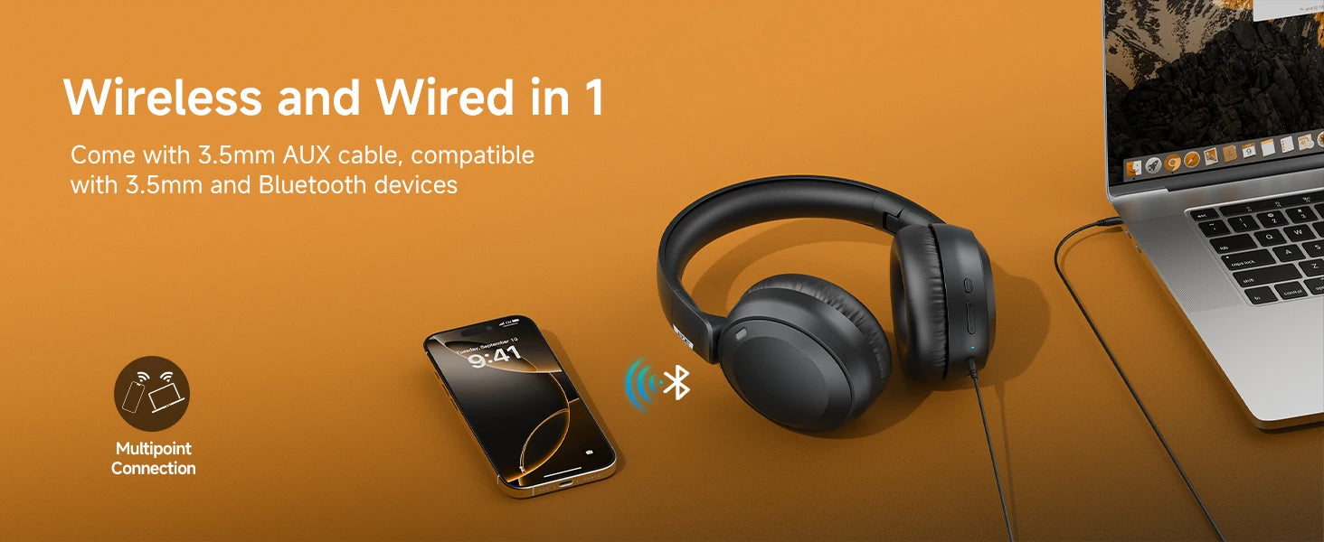 Acer OHR205 Wireless Bluetooth 6.0 Headphones Foldable Over-Ear Headphones Memory Foam Earpads Multipoint for Travel,Home,Office