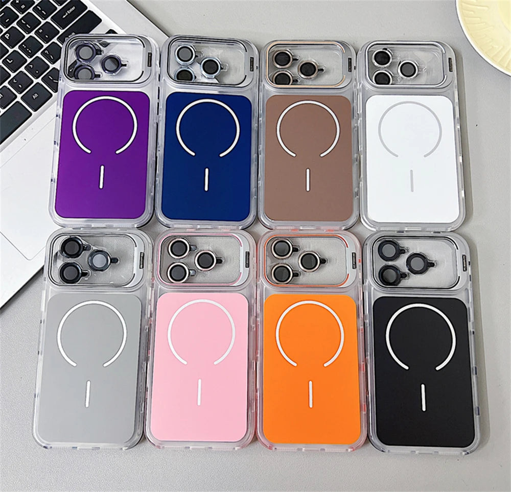 Luxury Matte Shockproof Magnetic Bumper Case For iPhone 17 Pro Max Air 16 15 14 Plus 13 12 For Magsafe Lens Protect Stand Cover