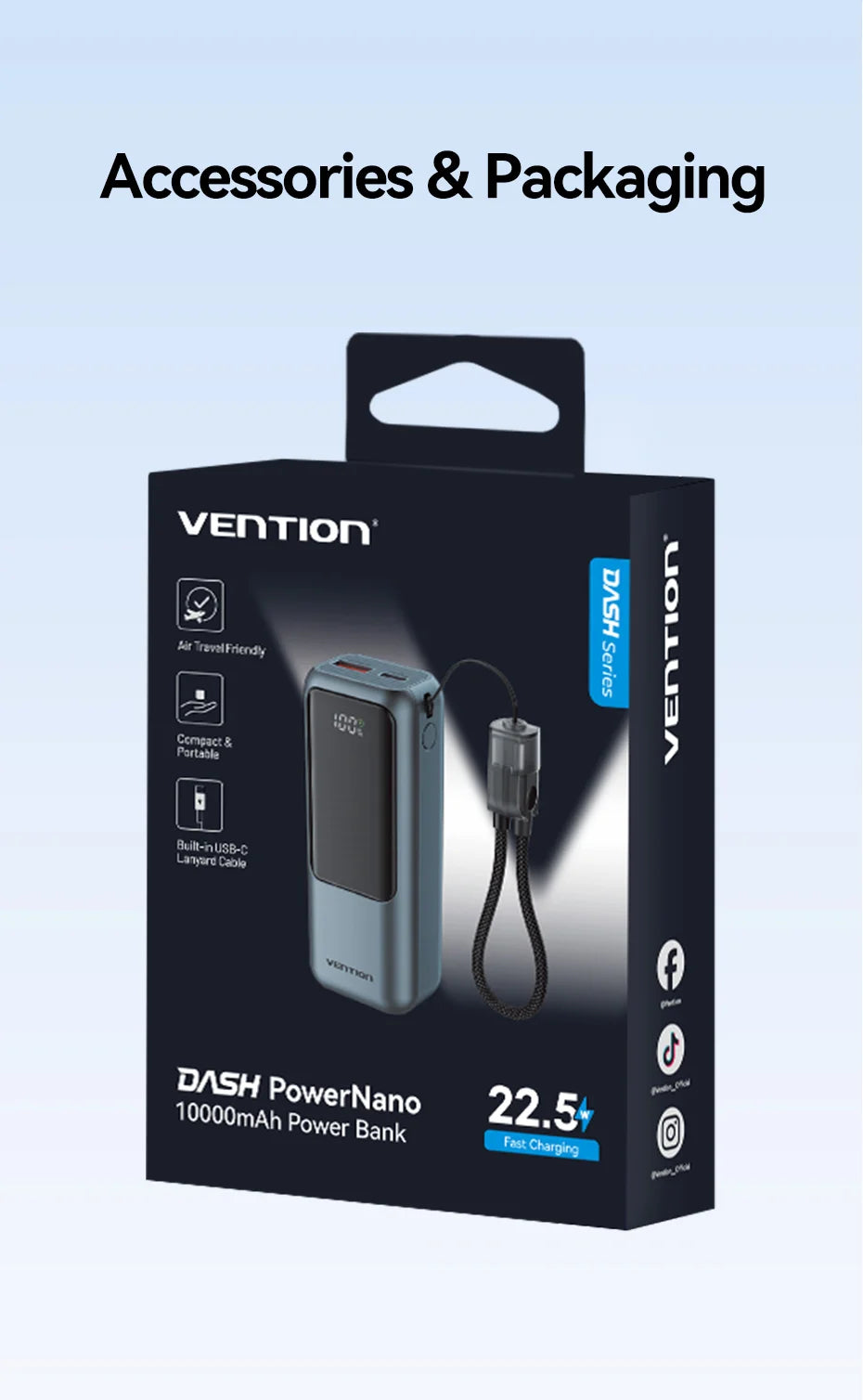 Vention 10000mAh Mini Power Bank 22.5w Portable Charger Built-in USB C Cable PD 3.0 Fast Charging for iPhone 17 Samsung S25 S24