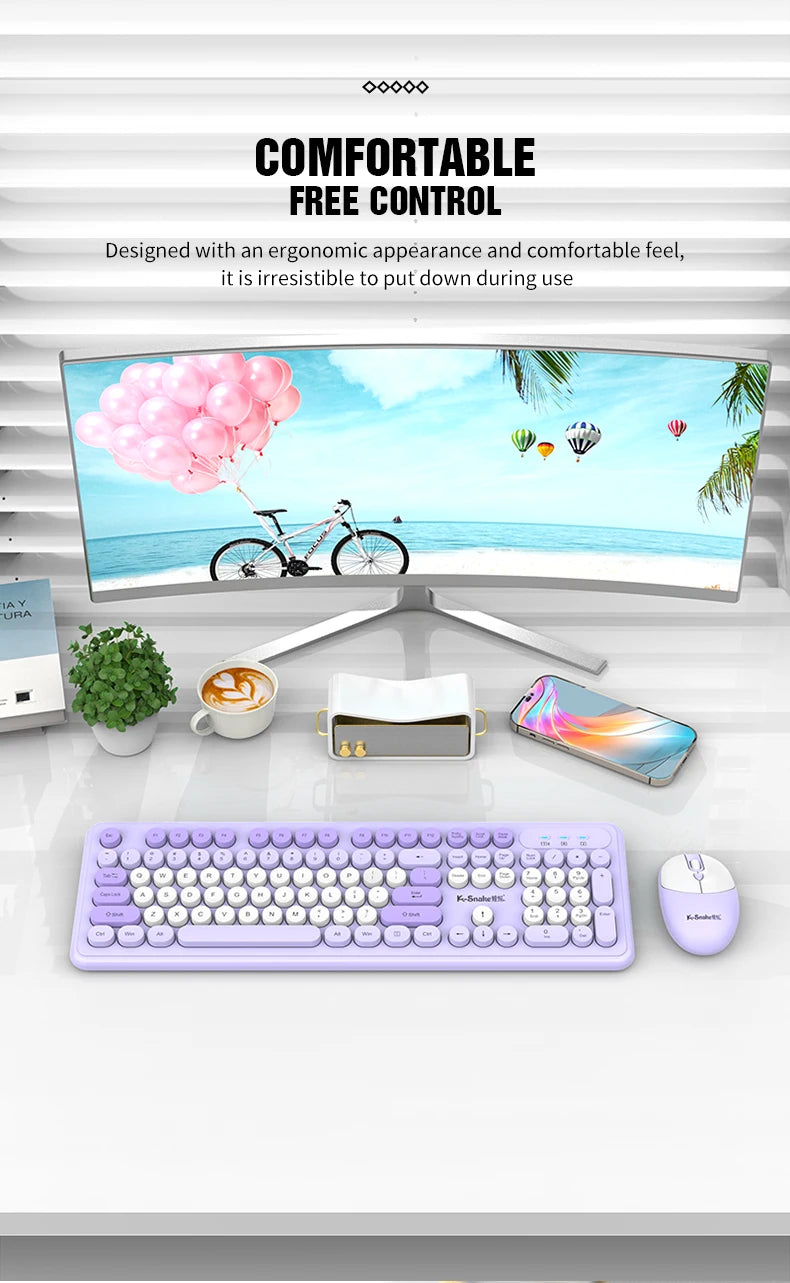 K-Snake WK200 Wireless Keyboard Mouse Set Cute Punk Keycap USB Wireless Business Keyboard Mouse Set Laptop Typing Office