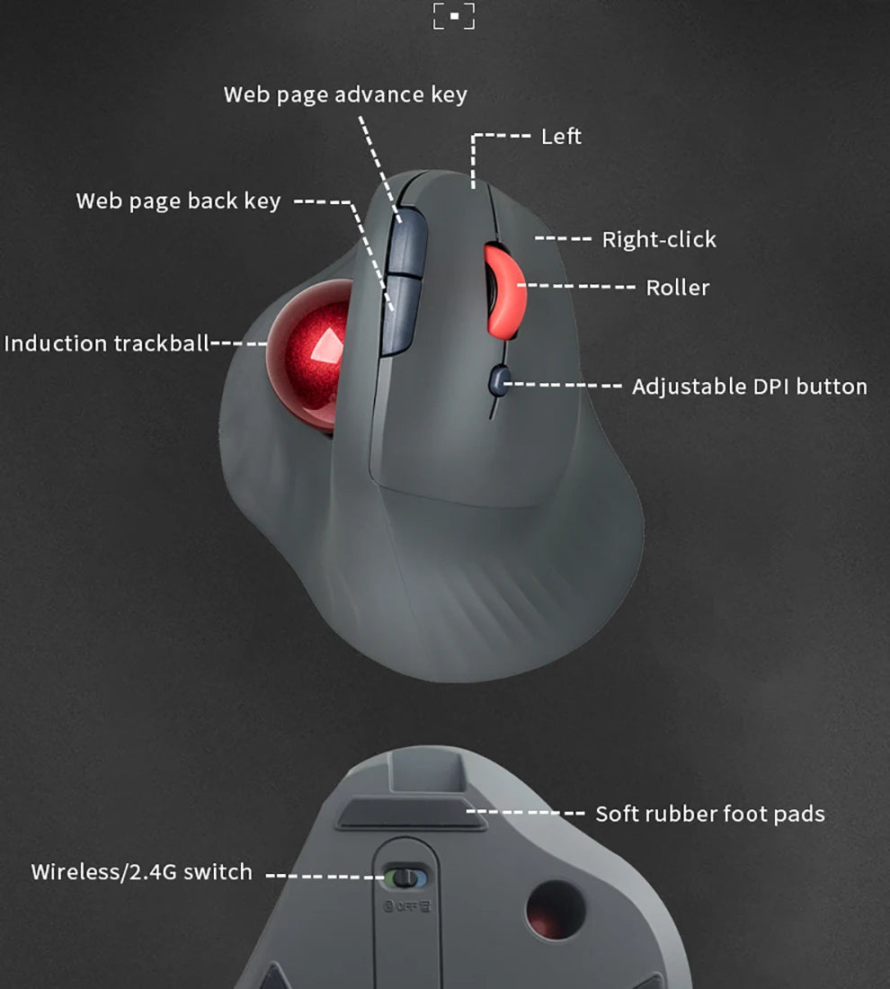 Ergonomic Bluetooth/2.4G Wireless Trackball Mouse for PC/Laptop/Desktop,Rechargeable Optical Vertical Mouse with Silent Design