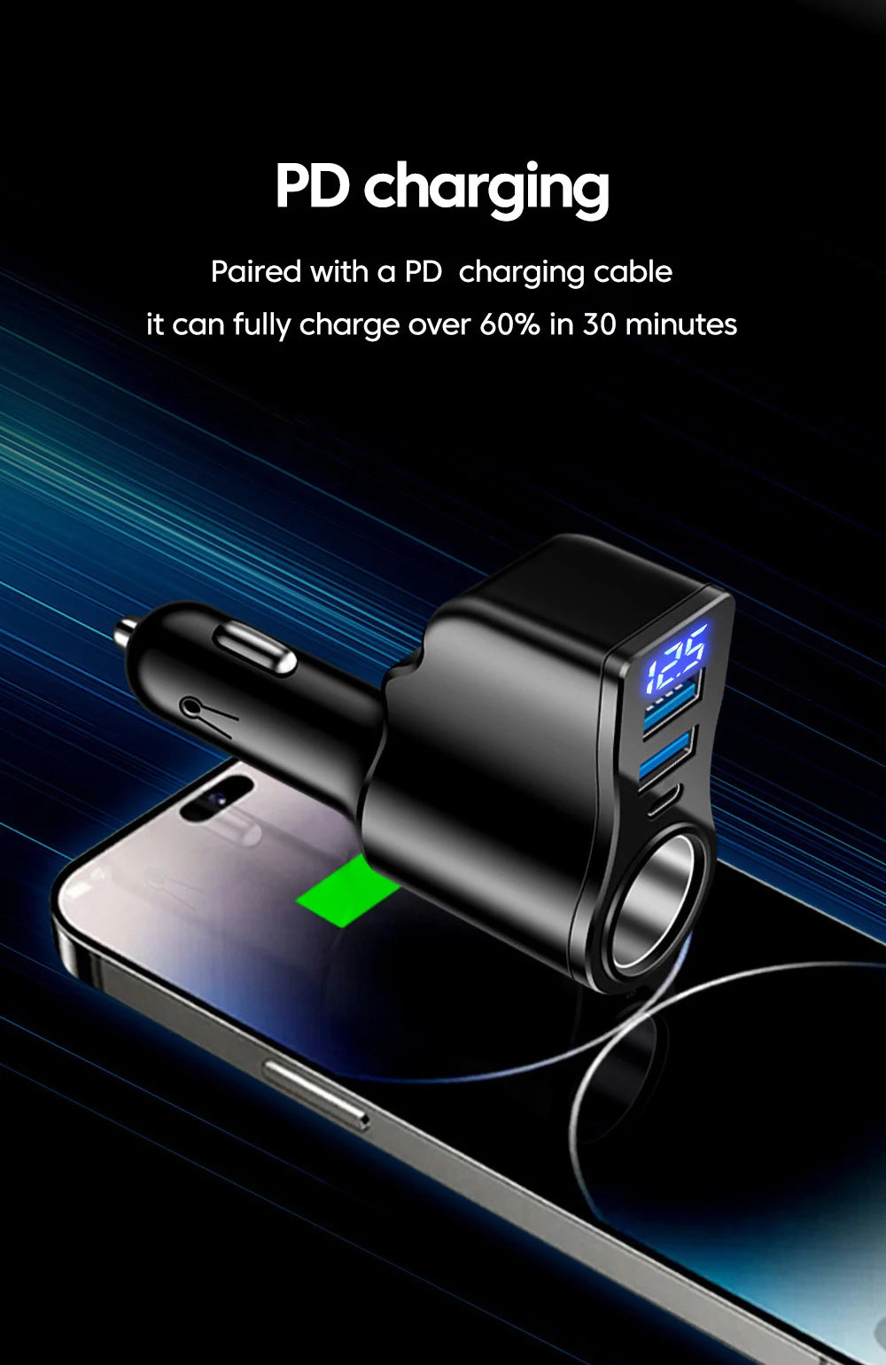 66W 4 Ports Digital Display Car Cigarette Lighter Power Adapter 3.1 A USB PD Car Phone Multifunctional Charger For iPhone Huawei