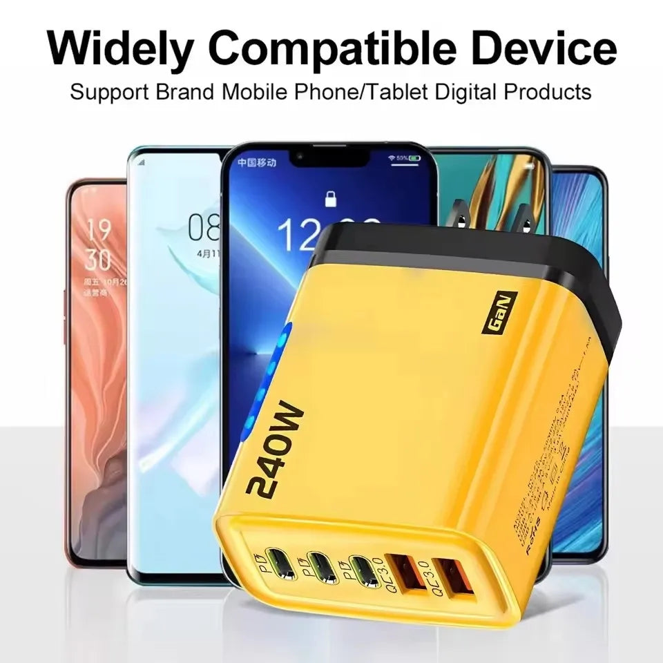 5 IN 1 GaN Desktop Charger For iPhone17 16Pro Laptop Samsung 240W Fast Charging Adapter 10A USB To Type-C Cable 3PD 2USB Charger