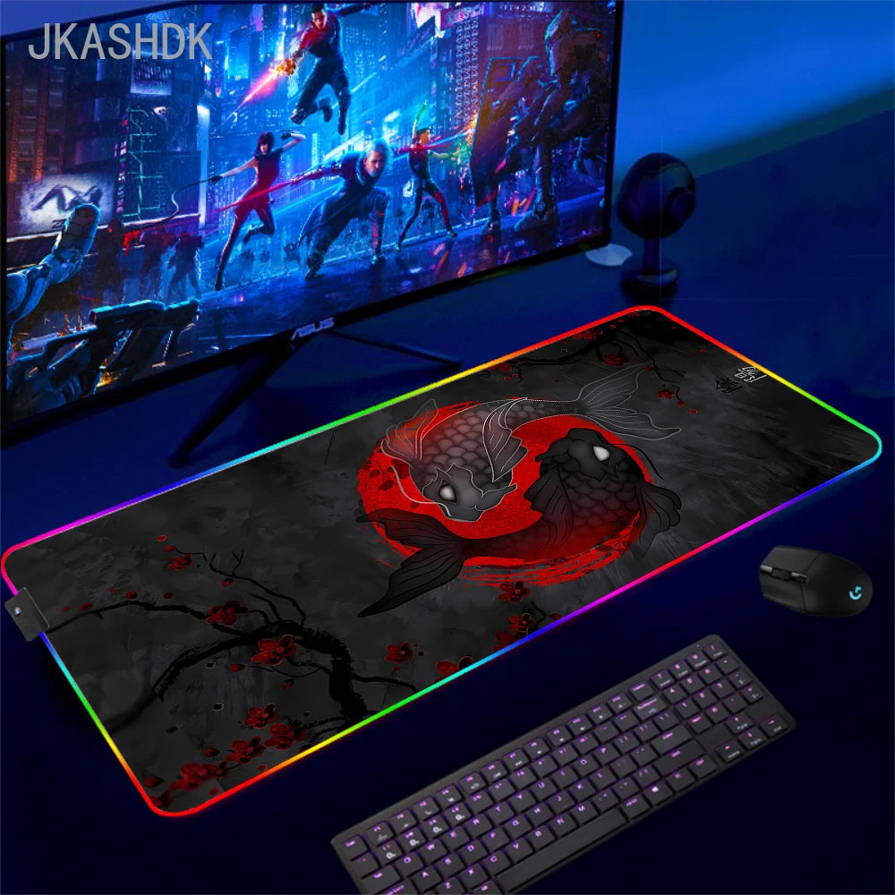 Large RGB Mouse Pad Koi Fish Gaming Mousepad LED Mouse Mat Gamer Mousepads Yin Yang Desk Pads RGB Keyboard Mause Mats XXL 100x50