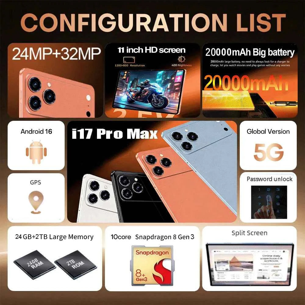 2026 NEW Pad 17 Pro Max Tablet PC 11inch 24GB+2TB Tablets Android 16 Snapdragon8gen3 Tablette PC 20000mAh 5G Dual SIM Mini PC