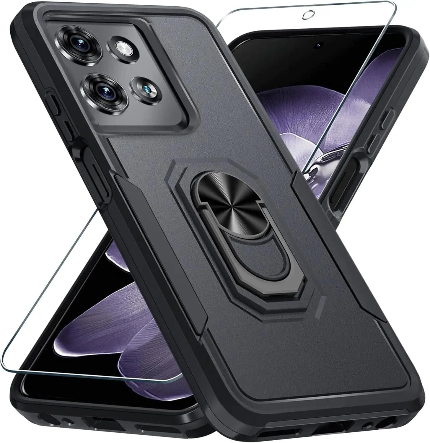 Motorola Moto G 2025/2026 Case with Screen Protector, Heavy Duty Shockproof Full Body Cover, Built-in Rotatable Metal Kickstand, Black Matte