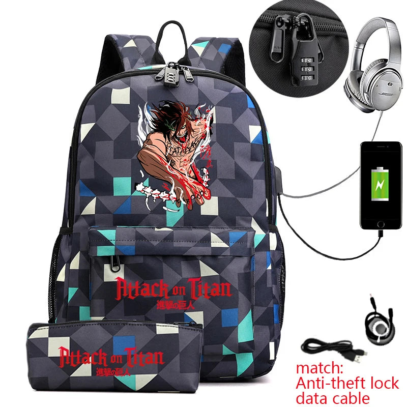 Attack on Titan Anime Print School Backpack Anti-Theft Laptop Bag for Boys Girls with Pencil Case