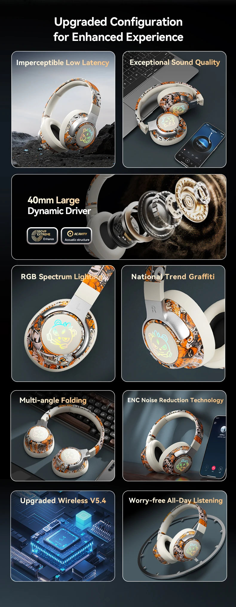 Graffiti Wireless Gaming Headphones 360° Stereo Sound, Support AUX/TF Card Mode Hi-Res Audio, Over Ear Foldable Lightweight