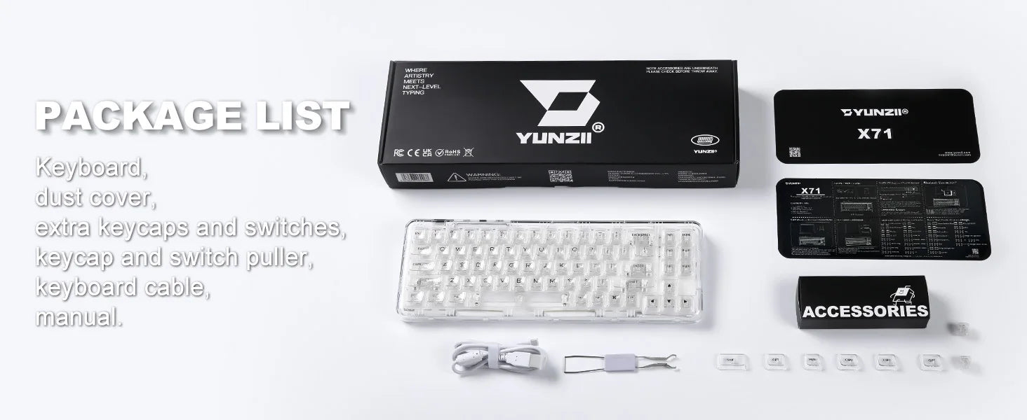 YUNZII X71 68% Layout Wireless BT/2.4G/USB-C Gasket Hot-Swap Transparent RGB Mechanical Gaming Keyboard with Clear Keycaps
