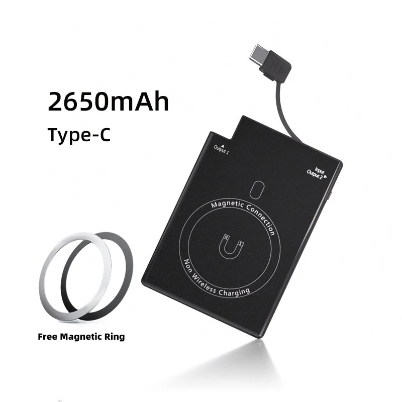 Magnetic Card-Size Power Bank 2650mAh Ultra-Slim Portable Charger with Built-in USB-C & Lightning Cables 7.5W Quick Charge