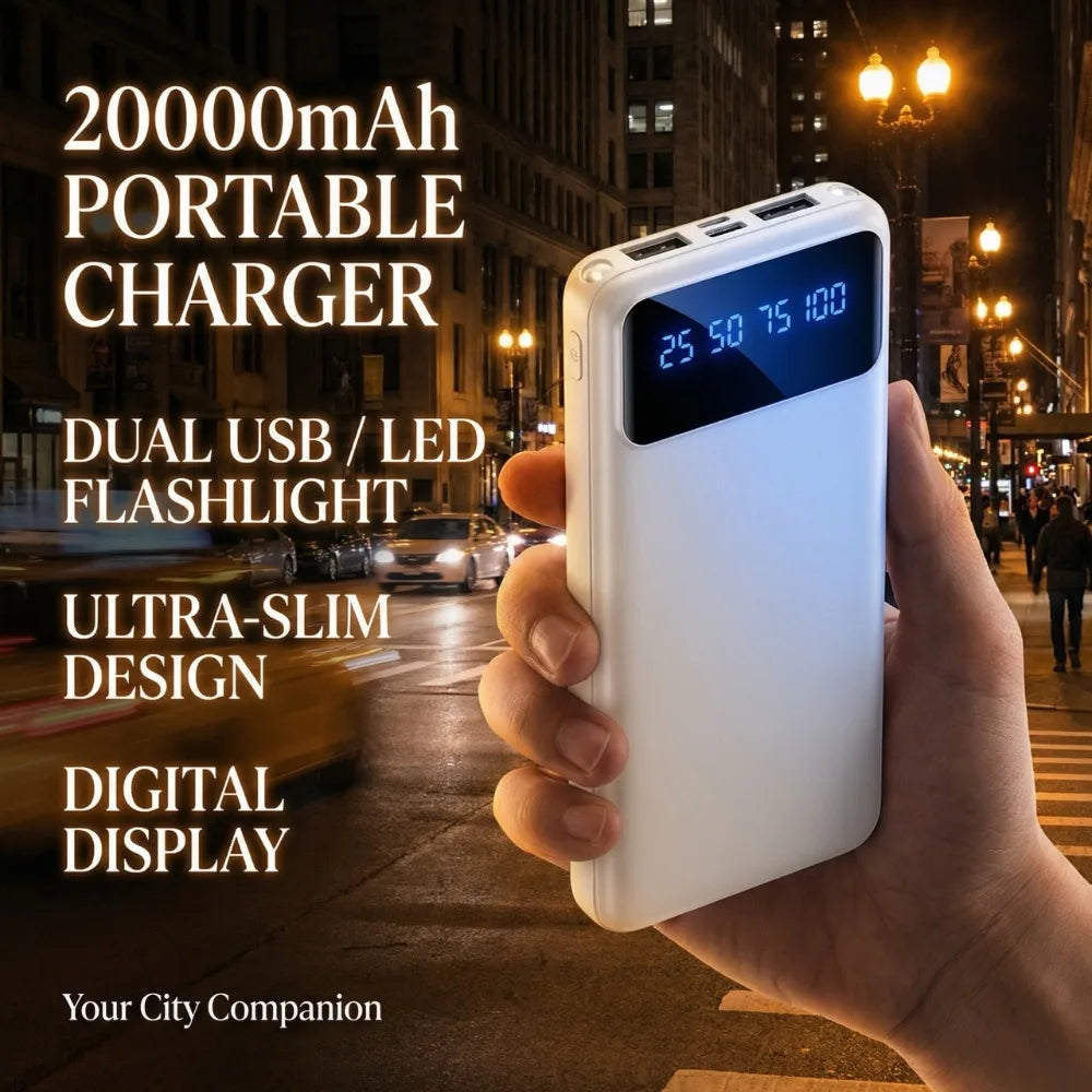 20000mAh Large Capacity Power Bank, 5V 2.1A Portable USB Charger with LED Digital Display, Dual USB Output Ports, Type-C & Micro Dual Inputs, Safe Stable Lithium Polymer Battery, Compatible with iOS & Android Devices