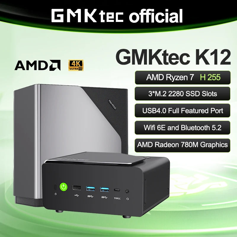 GMKtec K12 Mini PC AMD Ryzen™ 7 H 255 Dual DDR5 5600MT/s 3*SSD PCIe4.0 WiFi 6 BT 5.2 Dual 2.5G LAN OCulink Desktop Computer - WinSupport Tech