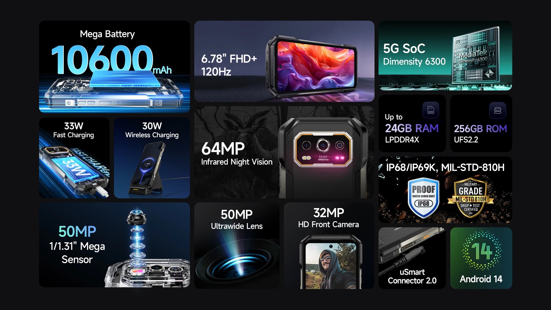 Ulefone Armor 27 Pro 5G Rugged Phone 10600mAh 50MP Camera 64MP Night Smartphone Android 14 Up to 24GB+256GB NFC Waterproof Phone