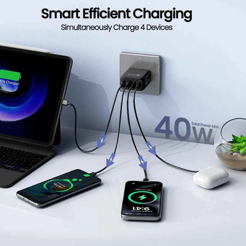 USB-C Charger, 4-Port Type-C Wall Charger, 40W Fast Charging Power Adapter — Compatible with iPhone 17/16/15/14 Plus/13, iPad, S