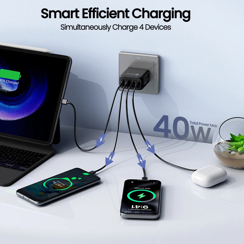 USB-C Charger, 4-Port Type-C Wall Charger, 40W Fast Charging Power Adapter — Compatible with iPhone 17/16/15/14 Plus/13, iPad, S