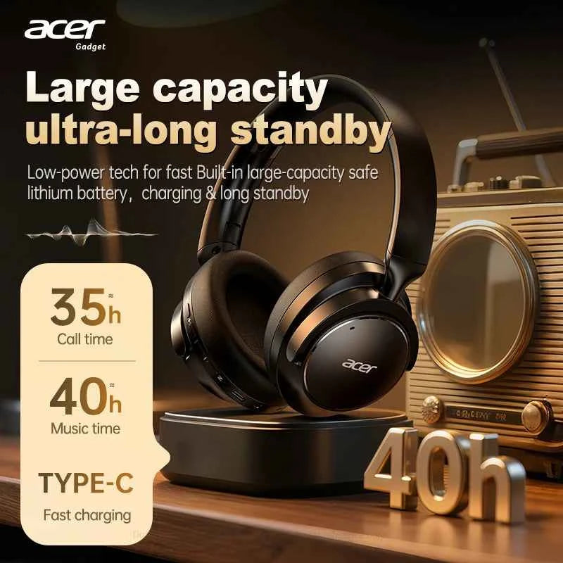 Acer Ohr560 Wireless Bluetooth Headset, Full-Ear Foldable Headphones with Built-In Microphone, Stereo Sound, Active Noise Reduction, Compatible with 3.5mm Audio Cable, Suitable for Work, Travel, and Gaming