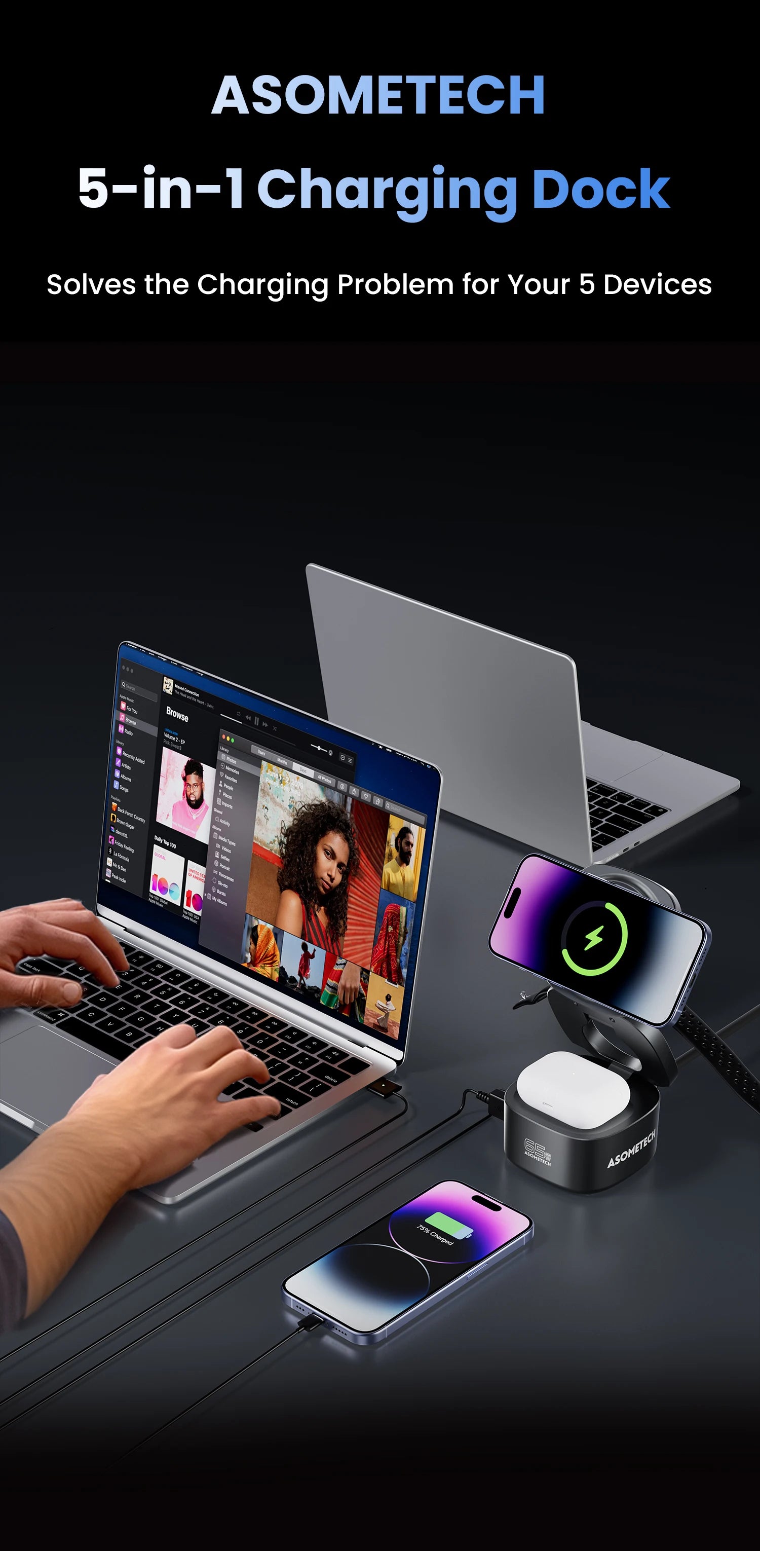 ASOMETECH 65W GaN Fast Charger For Macbook Samsung Magnetic 5 in 1 Foldable Wireless Charger Station For iPhone 16 iWatch Airpod