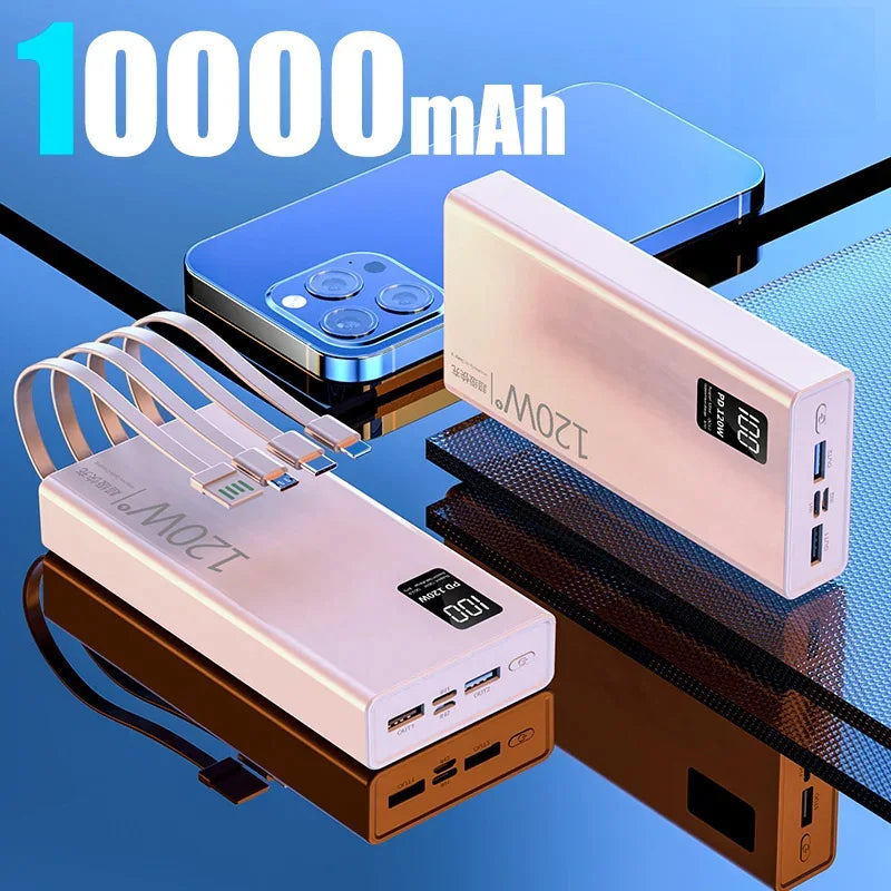 50000mah Power Bank 120W Fast Charging Built-in Cable External Large Battery Portable Charger For iPhone Samsung Xiaomi