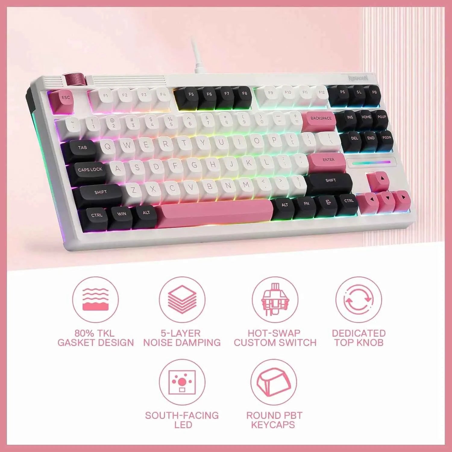 Redragon K729 80% Wired Gasket RGB Gaming 87 Keys TKL Mechanical Hot-Swap South-Facing Socket & 5-Layer Dampener Keyboard