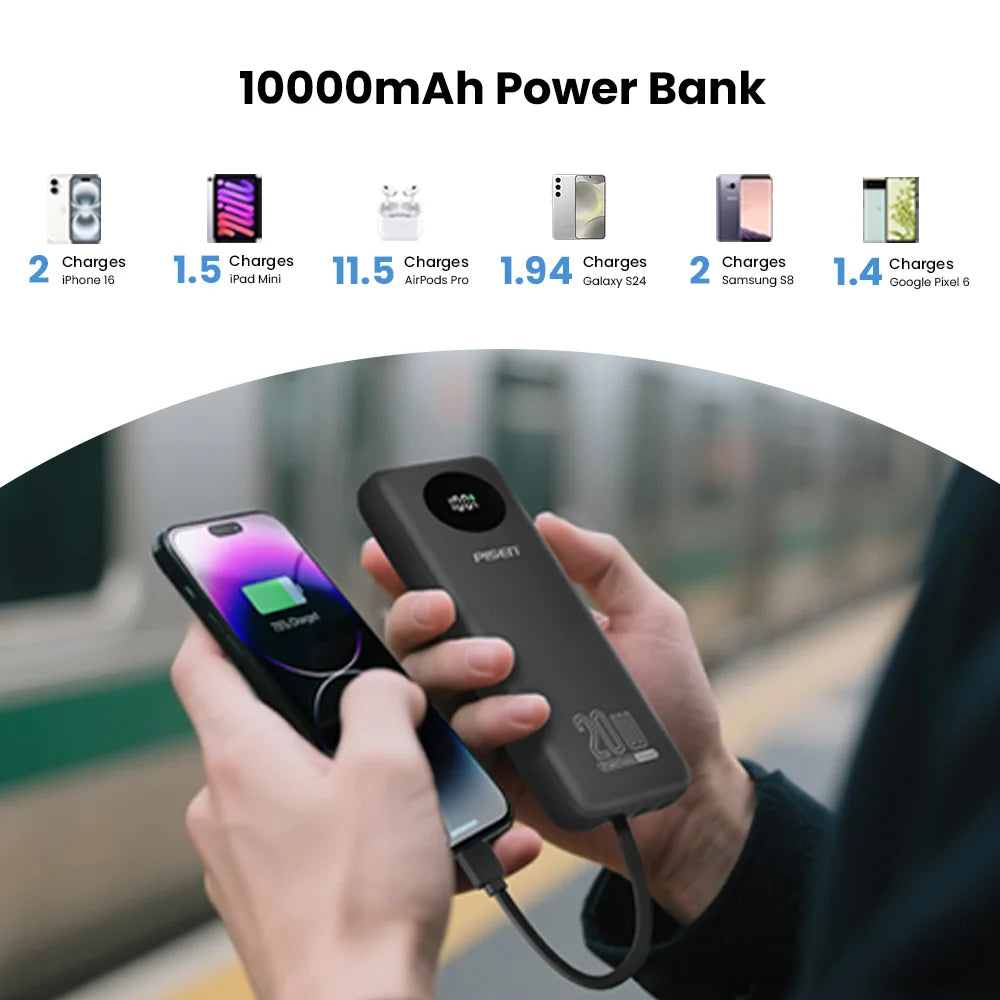 PISEN 3C Certified Power Bank 10000mAh & 20000mAh 20W Fast Charging Powerbank With 4 Built-in Cables For iPhone Samsung Xiaomi