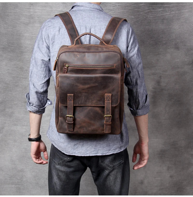 Vintage Crazy Horse Genuine Leather Backpack Men Bagpack Cowhide Hiking Backpack 17