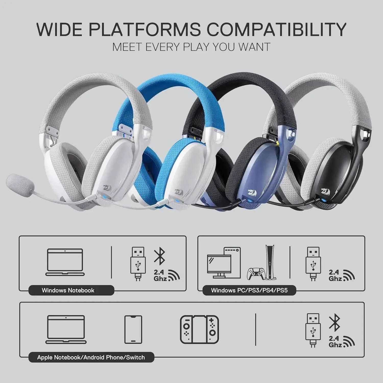 Redragon H878 Gaming Headset, 2.4Ghz/BT/Wired
