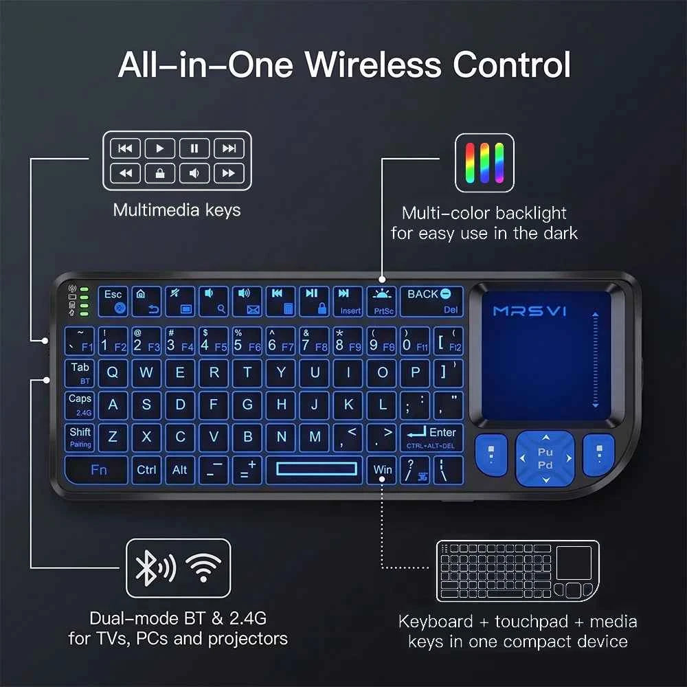 MRSVI Mini Keyboard A8 PLUS,Backlit 2.4GHz&Bluetooth5.0 Wireless Keyboard with Touchpad for Android TV Box,Mac,Laptop,Windows
