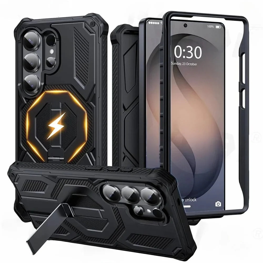 Armor Case For Samsung Galaxy S26 S25 S24 Ultra Plus 25 FE S24FE Coque For Magsafe Wireless Charging Magnetic Metal Stand Cover