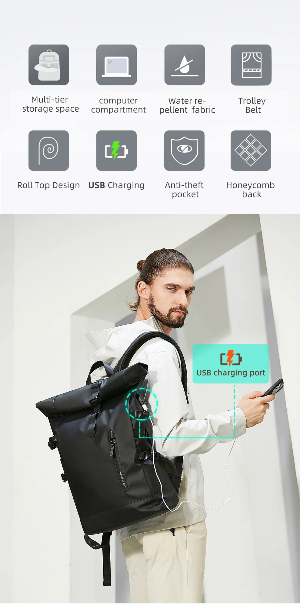 HK Expandable Travel Backpack Men Large Capacity Waterproof 15.6” Laptop Bag Hiking Rucksack Cycling Daypack Bag with USB Port