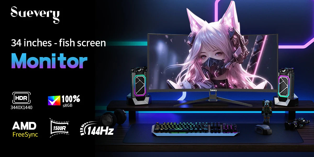Suevery 34-Inch 4K(3440*1440) 144Hz Curved Gaming Monitor  Curved 1500R with FreeSync,HDR10, 1ms,Eye Care