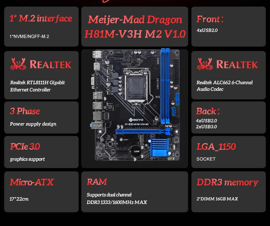 H81 Motherboard SOYO DDR3 LGA 1150 RAM 16GB Support I3 I5 I7 Nvme NGFF M.2 Slot VGA HDMI-Compatible RJ45 Gaming Mainboard