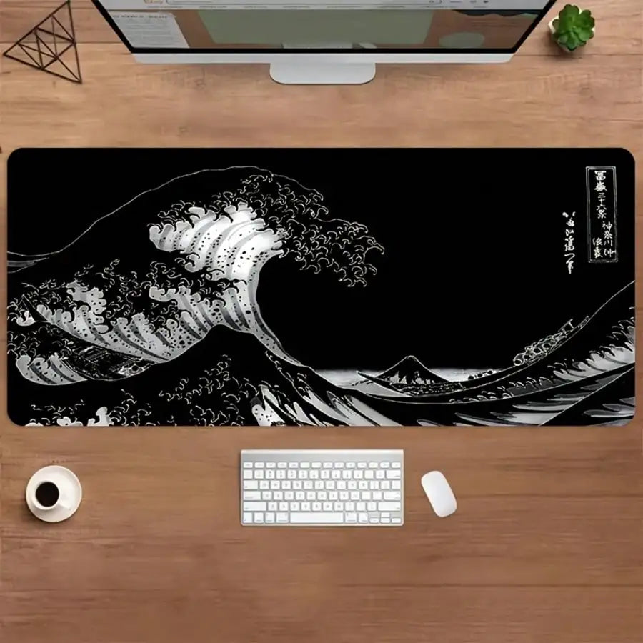XXL Gaming Mouse Pad Featuring A Black-And-White Wave Art Design; Washable Surface; Stylish Rectangular Desk Mat Suitable For Desktops, Laptops, Office Work