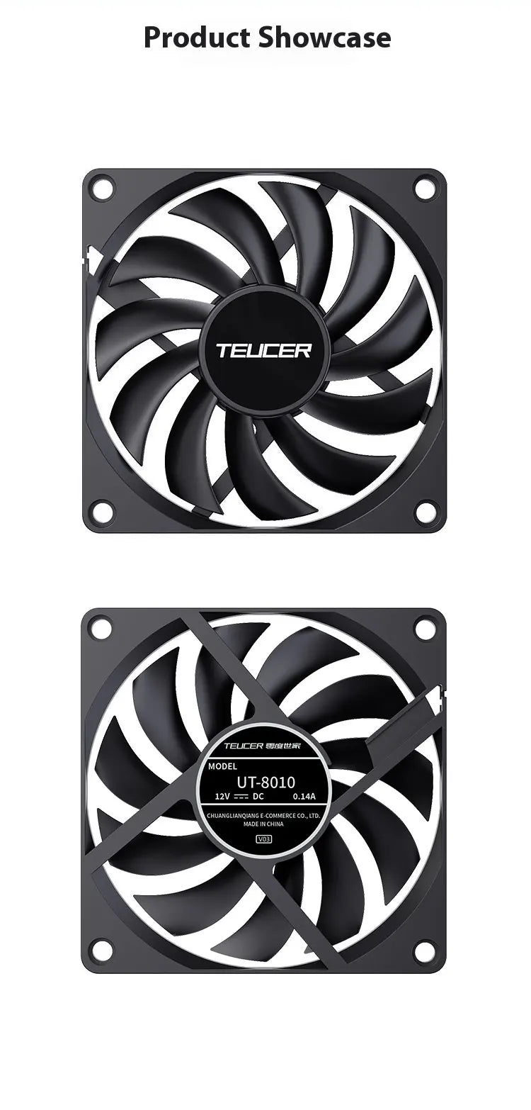TEUCER UT-8010 Slim 80MM PC Case Fan 800-3000RPM Intelligent Temperature Control 8CM Thickness 10mm Black Cooling Fan