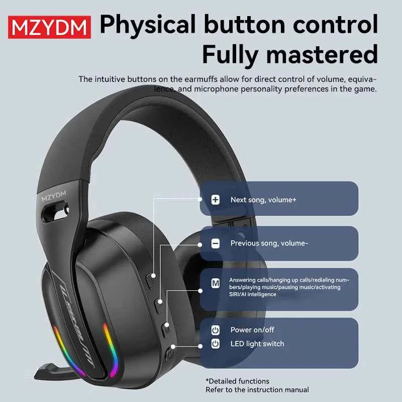 MZYDM Over Ear Headset Bluetooth5.4 Wireless Stereo Gaming B500 Earphones Built-in Mic RGB Light Low Latency Headphones For PC