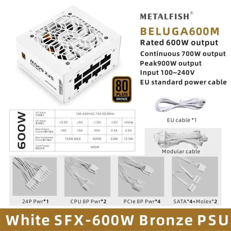 METALFISH Full-Modular SFX-500W 600W PSU 80Plus Bronze White Power Supply For Mini ITX Chassis Small Computer Case 100/220V