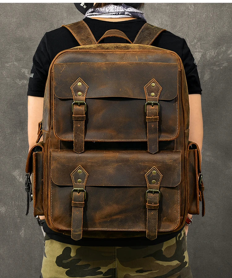 Vintage Crazy Horse Genuine Leather Backpack Men Bagpack Cowhide Hiking Backpack 17