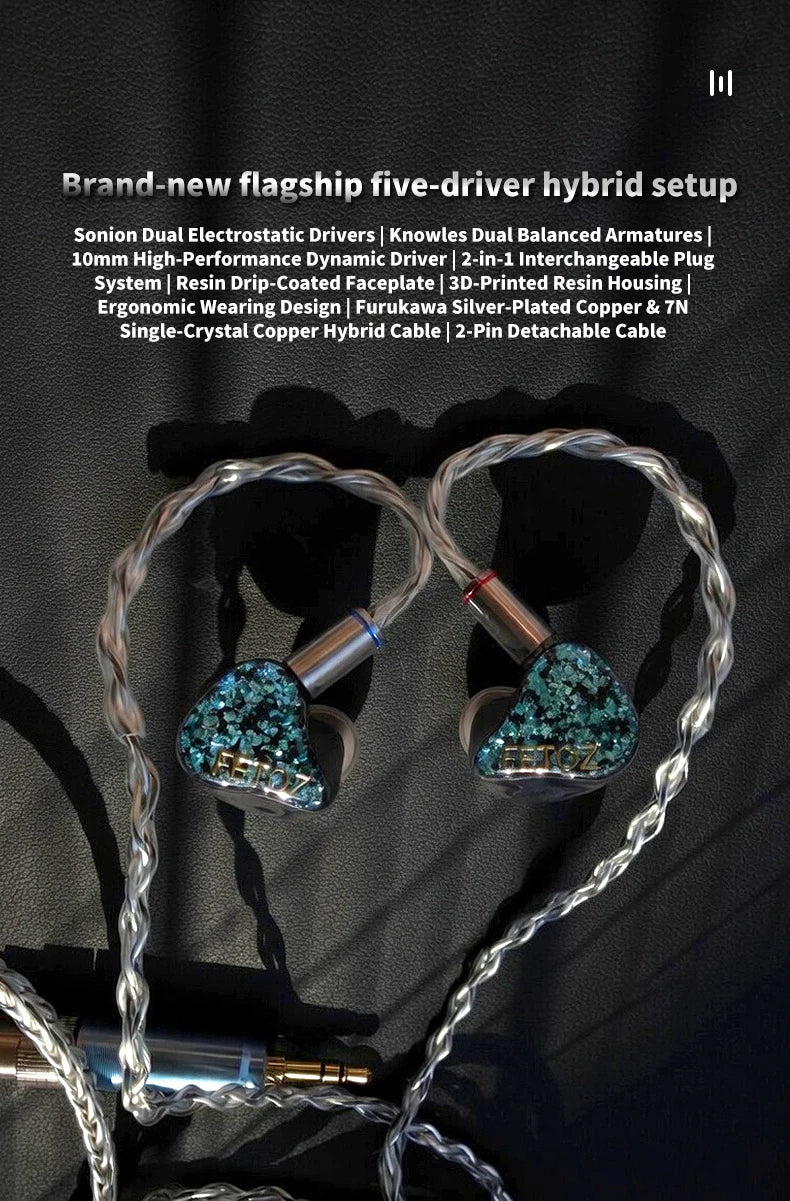 FETOZ 1DD+2BA+2EST Electrostatic Headphones Hybrid 2Pin0.78mm Audiophile In-ear Earphone 3.5mm/4.4mm/typec HiFi Wired Headphones