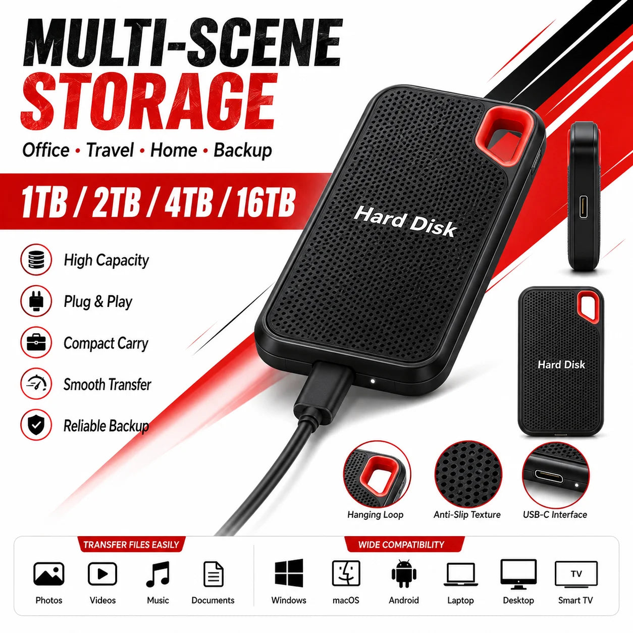 2TB Portable SSD External Solid State Drive USB-C Fast Storage Device for Laptop Mac PC Phone Backup Data