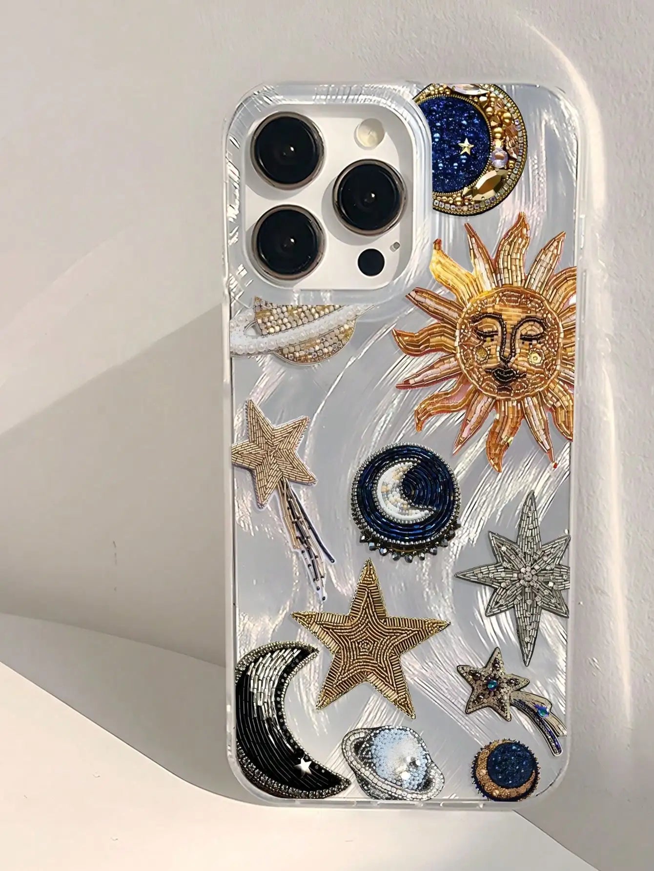 1pc Retro Starry Sky Theme Star & Moon Universe Pattern Phone Case, Silver Transparent Thick Protective Cover For Samsung A05, A05S, A13, A14, A15, A53, A54, A55, A56, S22, S23, S24, S25, 11, 12, 13, 14, 15, 16, 17 Pro Max