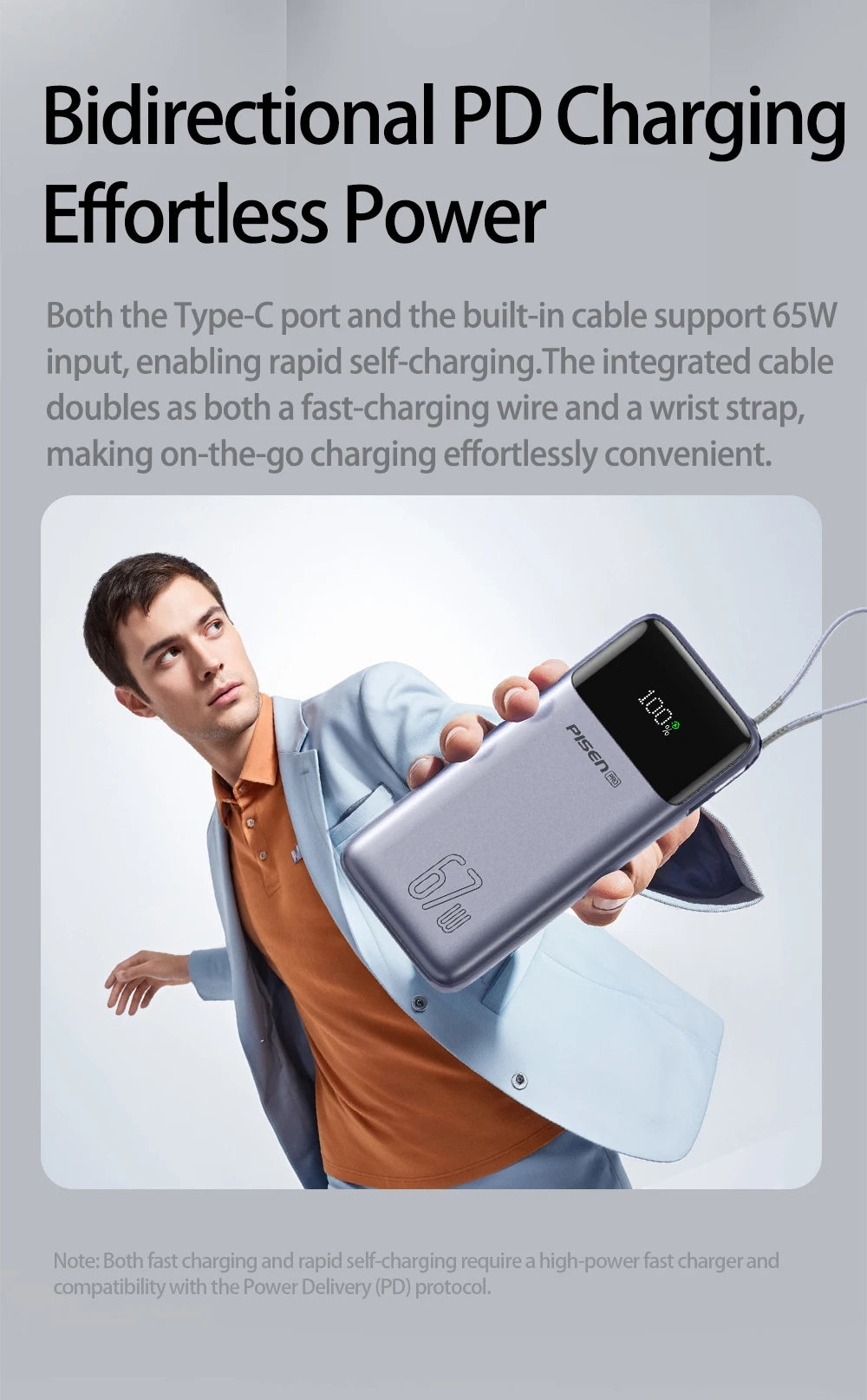 PISEN 20000mAh 67W Power Bank With Fast Charging Cable CCC External Battery For 65W Laptops/ 45W Samsung Phones/ iPhone & iPad