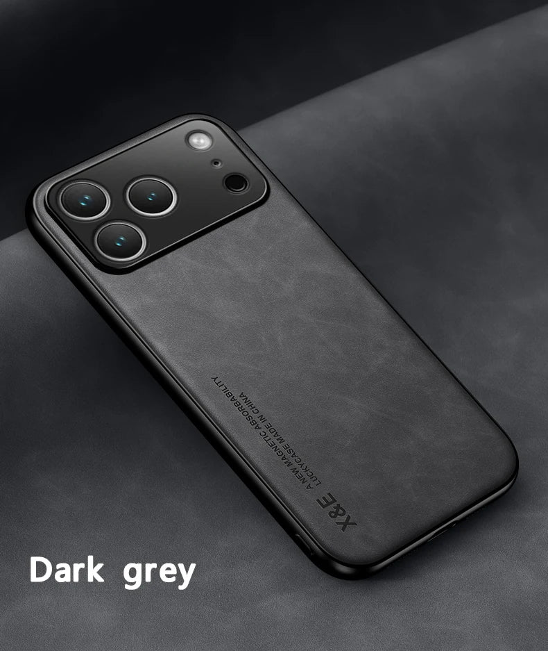 Luxury Leather Case For iPhone 17 16 15 14 13 12 11 Pro Max Plus 13 12 Mini 17 Air 16E Cover With Metal Plate Support Car Hold