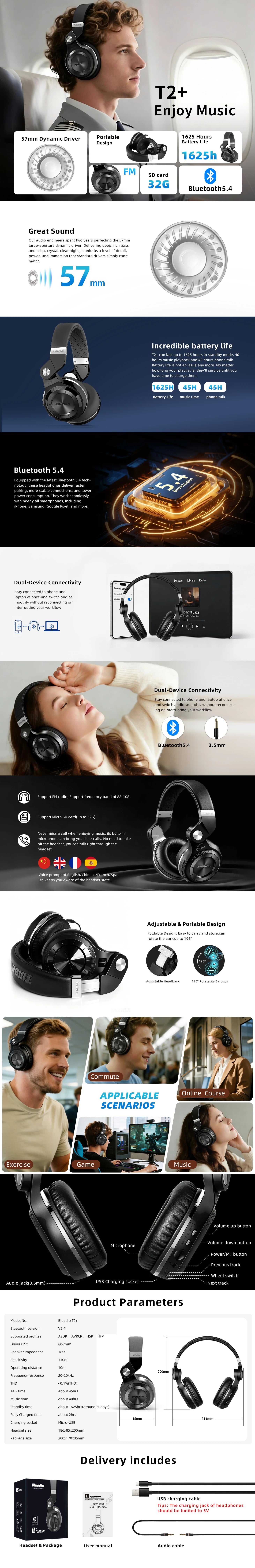 Bluedio T2+ Bluetooth Headphone Wireless Headset Foldable Sports Earphone Bluetooth 5.4 HIFI Sound 57mm Strong Bass SD Card Slot