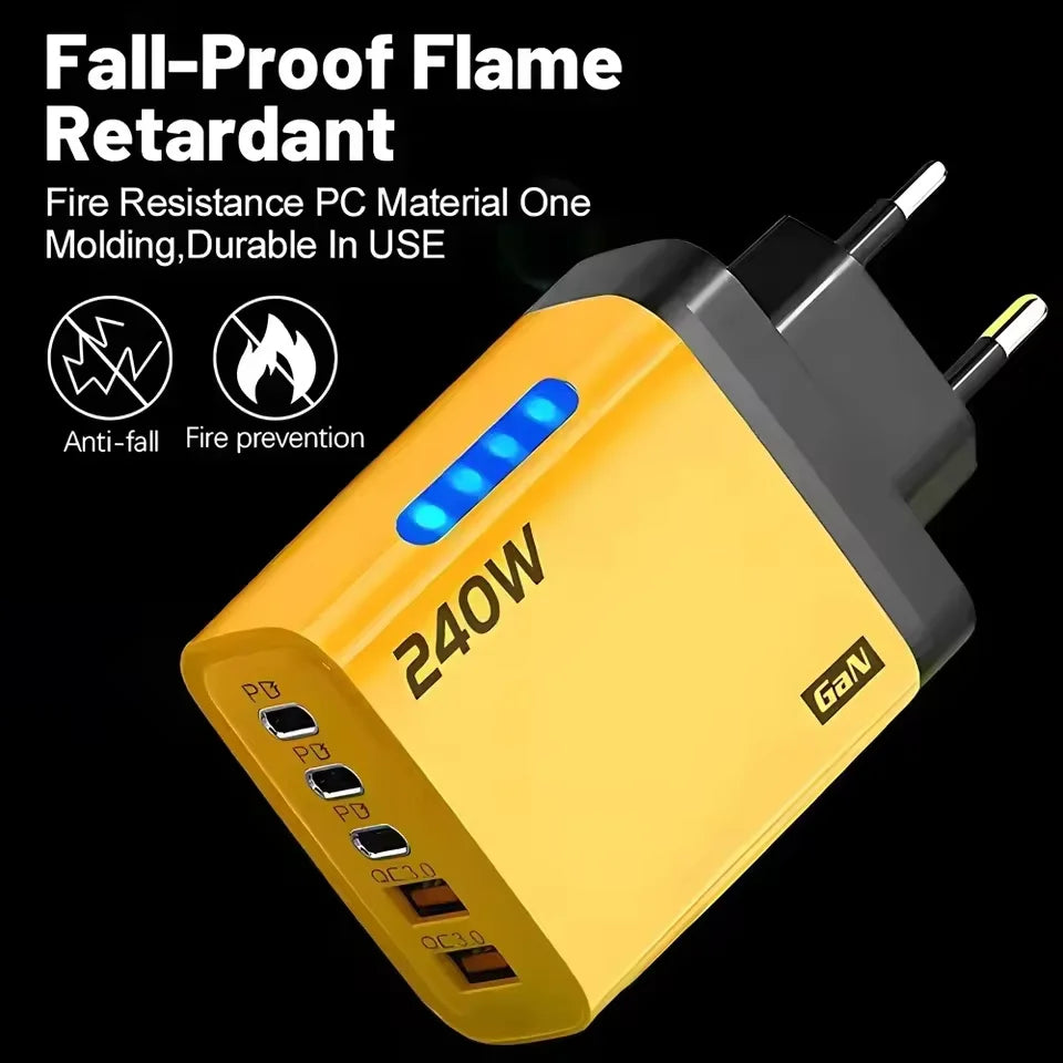 5 in 1 GaN USB C Desktop Charger 240W Fast Charge Phone Adapter Type C Cable For iPhone Samsung Xiaomi EU/US/UK Plug Charger