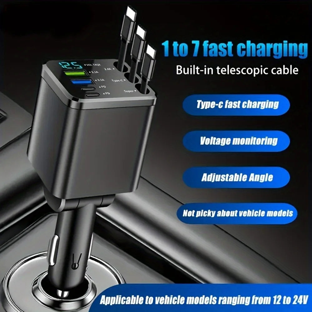 7 Ports Fast Car Charger with LED Display Rotatable Car Cigarette Lighter Charger Adapter USB & Type C for All Smartphones Table
